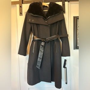 French Connection Charcoal Gray Black Leather Trim Coat size 10 NWT